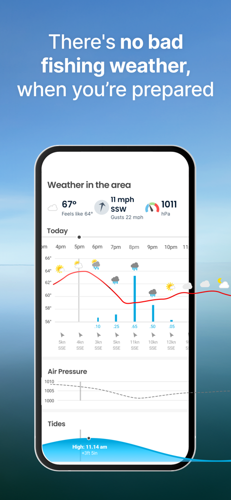 Fishbrain 앱이 기압 및 조석 차트를 포함한 상세한 낚시 날씨 예보를 표시하고 있음