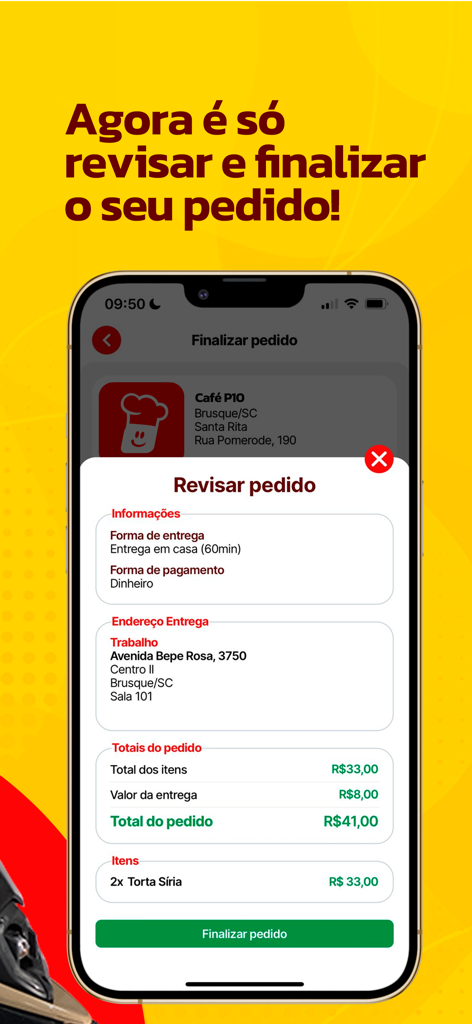 Schermata di riepilogo della revisione dell'ordine dell'app Pedidos10 che mostra l'indirizzo di consegna e il prezzo totale