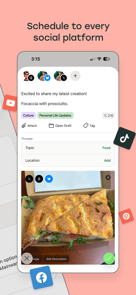 Buffer: Plan & Schedule Posts - Buffer mobile app interface showing a social media post being scheduled for multiple platforms simultaneously