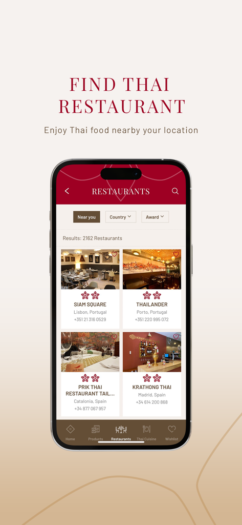 タイSELECTモバイルアプリ画面。場所と受賞歴のフィルターを備えた認定本格タイレストランのリストを表示しています。