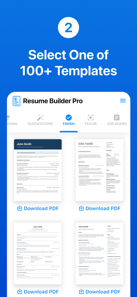 Resume Builder Pro with AI - PDFダウンロードオプションを備えたプロフェッショナルな履歴書テンプレートの選択を表示するレジュメビルダープロアプリの画面