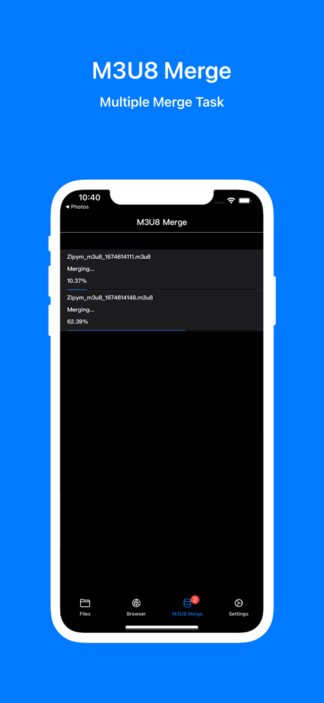 Interface showing multiple M3U8 file merge tasks with progress bars in the Zipym Lite app