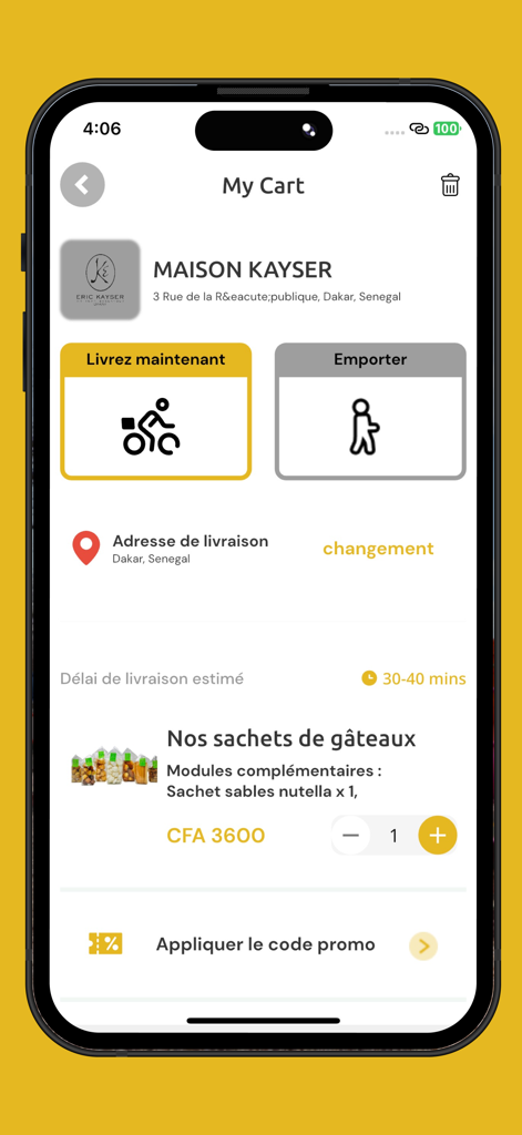 Adelo User app My Cart screen showing food items from Maison Kayser with delivery and takeaway options.
