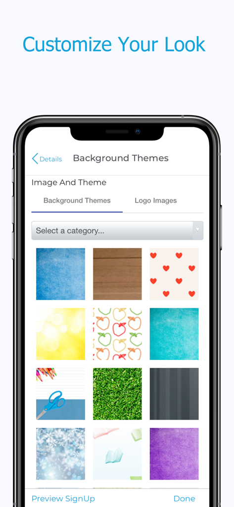 Mobile screen showing background theme options to customize signup events