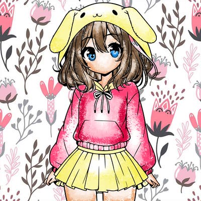pretty anime girl wearing a fluffy hoodie with bunny ears on the hood and a skirt