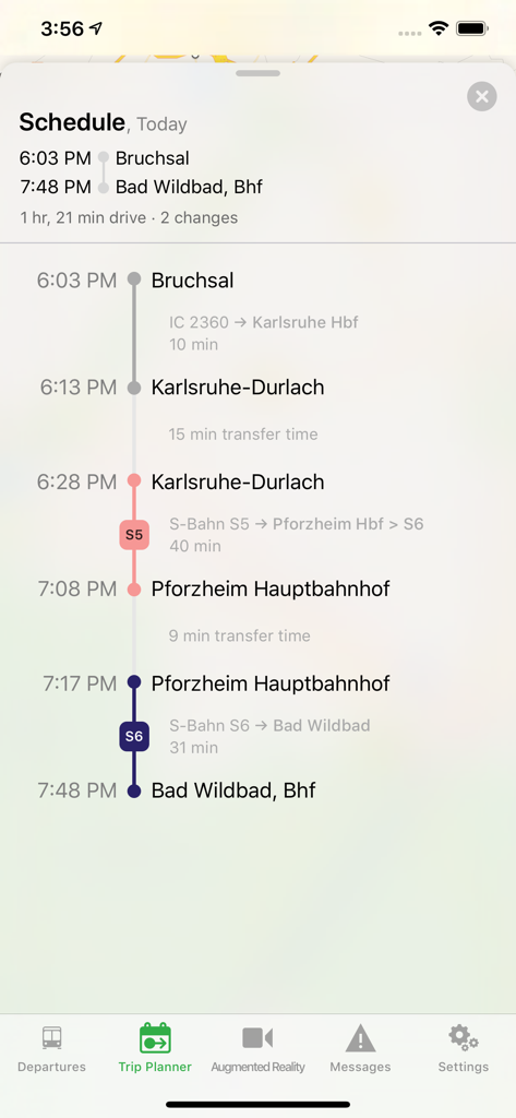 Horario detallado del viaje en tren en la aplicación Departures Live que muestra múltiples conexiones y tiempos de transbordo