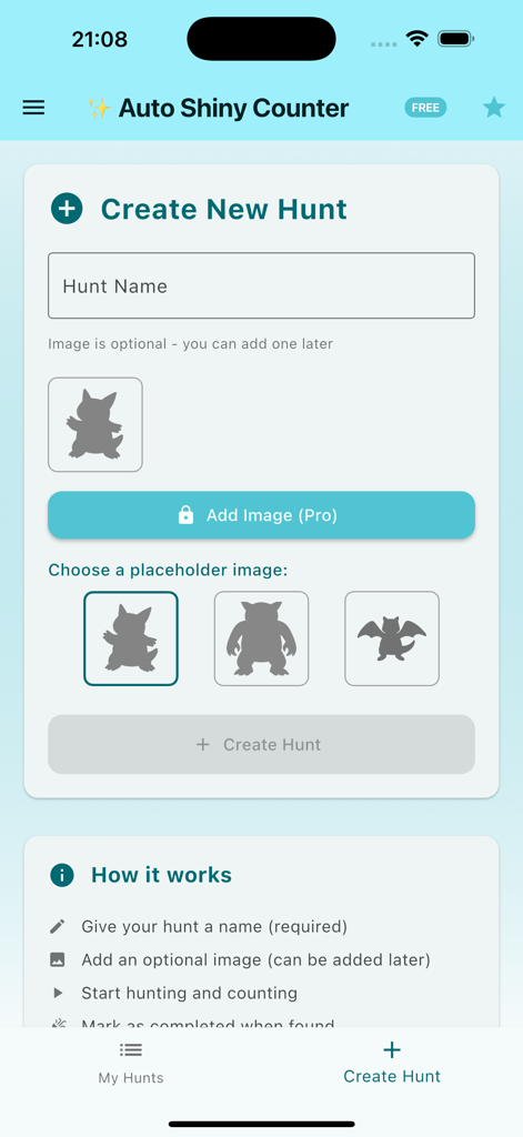 Auto Shiny Counter - User interface for starting a new shiny Pokemon hunt with name entry field and character placeholder icons