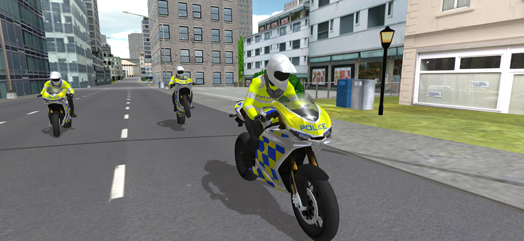 Police Motorbike Simulator 3D - Three police officers on motorbikes patrolling a 3D city in Police Motorbike Simulator 3D