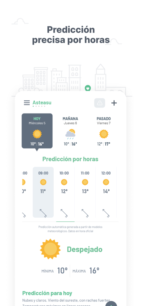 Pantalla de pronóstico meteorológico por horas de la aplicación Euskalmet mostrando temperaturas e iconos para Asteasu.