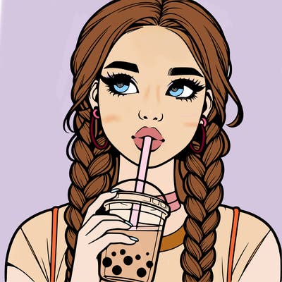 realistic girl with braided hair drinking boba