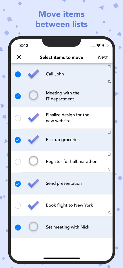 Lists To-do - A screenshot of the Lists To-do app interface showing the feature to select and move multiple tasks between different lists on an iPhone.