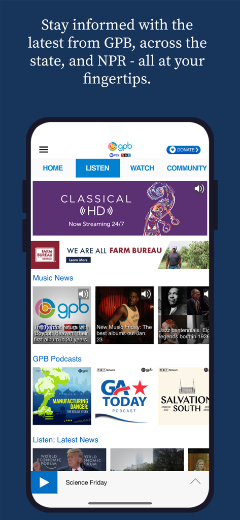 GPB - GPB mobile app Listen screen showing live music streaming and local podcasts
