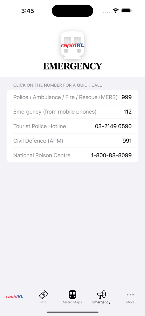 Notfallkontaktbildschirm in der Kuala Lumpur Subway Map App mit einer Liste lokaler Notfalldienste und der Touristenpolizei-Hotline.