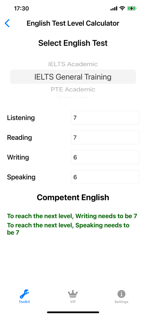 Aussie Visa Mate English Test Level Calculator screen showing IELTS score inputs and results