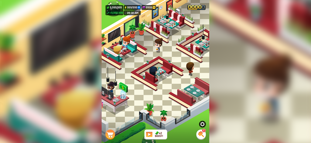 Idle Restaurant Tycoon: Empire - Intérieur de restaurant animé dans Idle Restaurant Tycoon Empire avec des clients et du personnel.