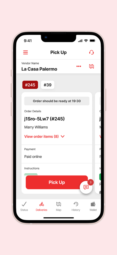 efood rider - Pantalla de smartphone de la app efood rider mostrando una pantalla de recogida de pedidos de comida con detalles del restaurante y del cliente