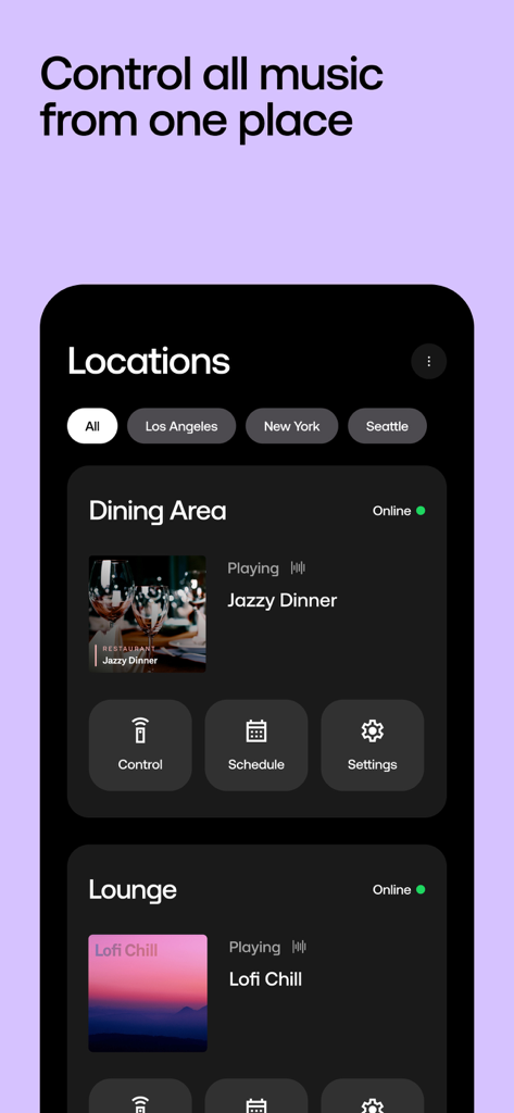 Soundtrack: Music for Business - Una captura de pantalla de la aplicación Soundtrack que muestra el control de la música en diferentes ubicaciones y zonas comerciales como el área de comedor y el salón.