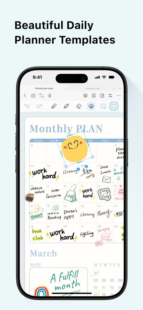 Una plantilla de planificador mensual digital dentro de la aplicación StarNote que muestra notas escritas a mano y pegatinas para tareas como limpiar y trabajar duro.