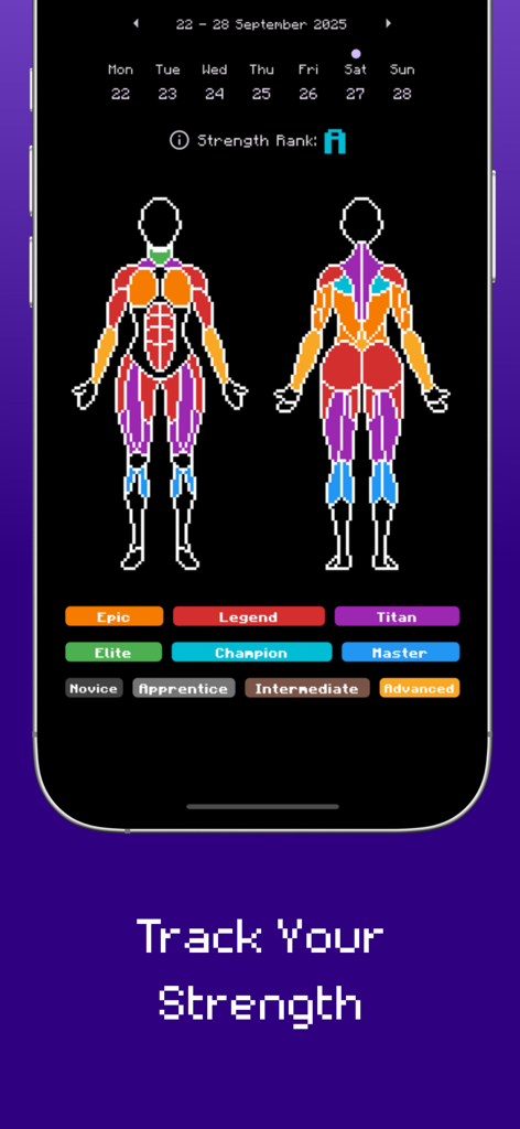RPGFitness: Workout Tracker - A pixel art muscle group heatmap and strength rank levels in the RPGFitness workout tracker app.