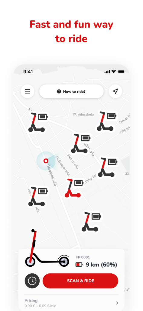 Zippy Rides - Interfaz de la aplicación Zippy Rides que muestra un mapa con patinetes eléctricos disponibles y un botón de escaneo para viajar