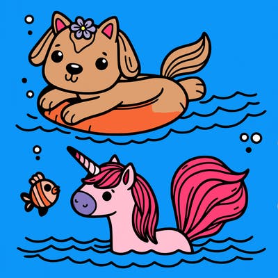 swimming dog unicorn  and cat unicorn
