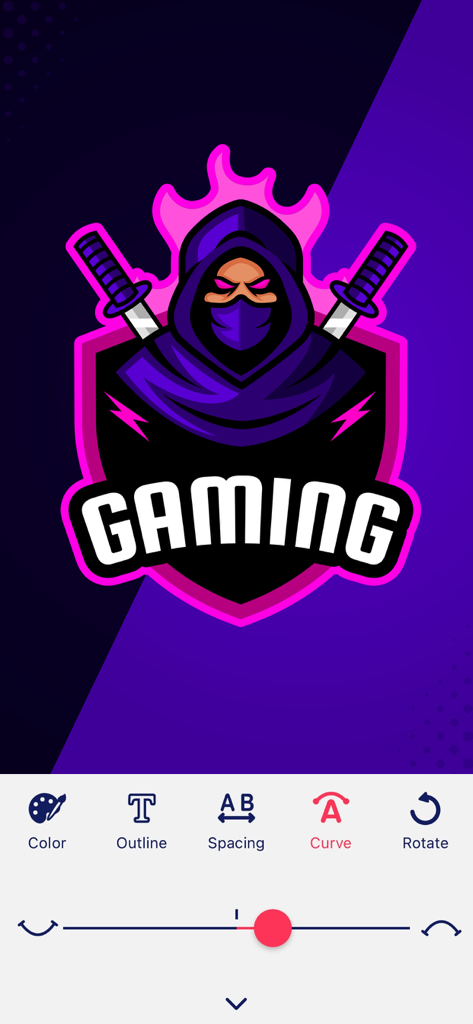 eSport Logo Maker - Make Logos - Interface of eSport Logo Maker app showing a customizable ninja mascot logo with gaming text