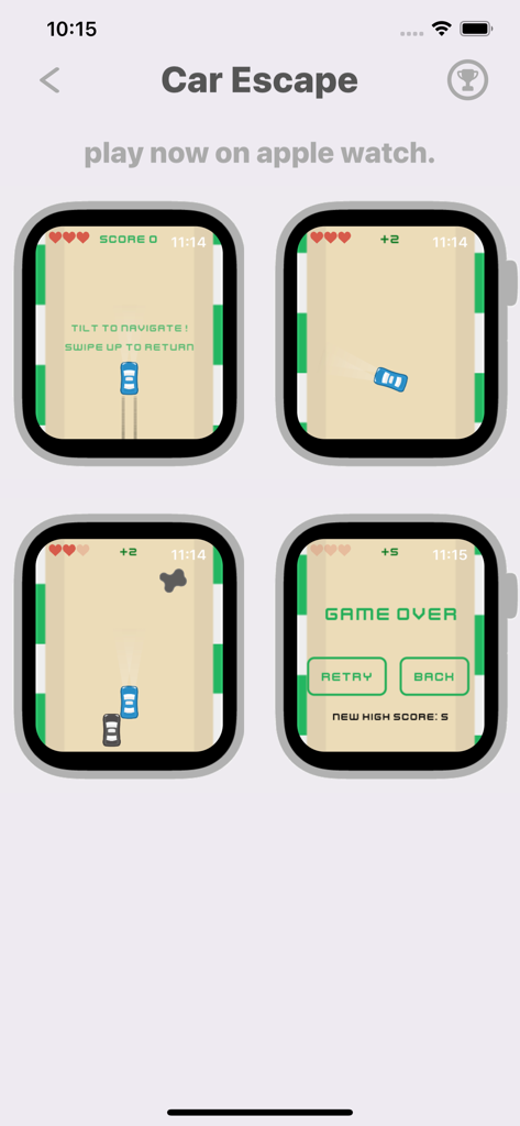 Wrist Arcade 10-in-1 - Cuatro pantallas de Apple Watch que muestran la jugabilidad del juego de carreras Car Escape y las pantallas de fin de juego de la aplicación Wrist Arcade
