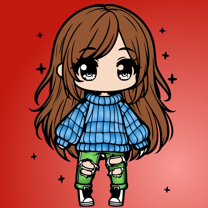 chibi girl with ripped jeans,long hair, and an oversized sweater