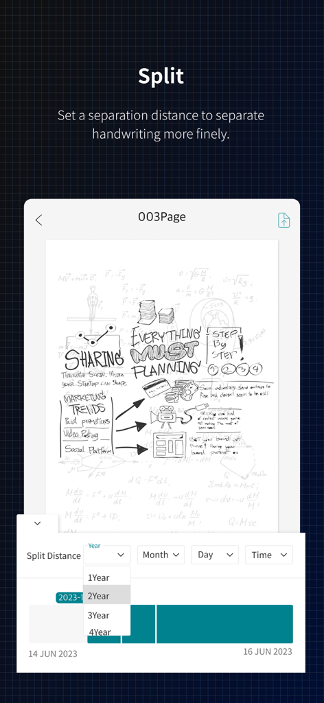 Neo Studio 2 - Interface of the Neo Studio 2 app showing the split feature which allows users to separate handwritten notes using a time-based distance setting.