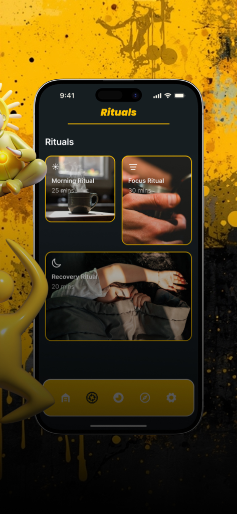 Interface de l'application Mind Balance montrant une liste de rituels quotidiens comme 'Rituel Matinal' et 'Rituel de Concentration' avec des durées.