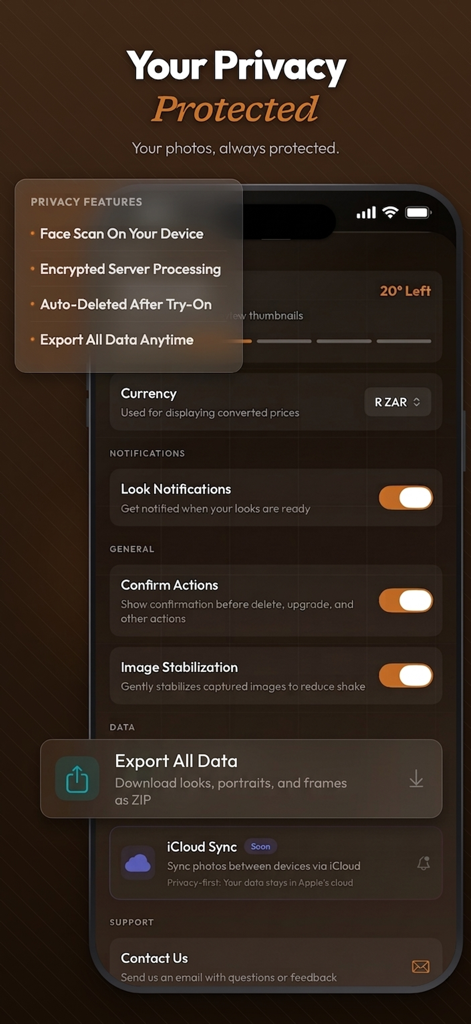 Frame — Find you glasses - Ein Screenshot der Datenschutzeinstellungen der Frame App, der Funktionen zum Schutz von Daten wie On-Device-Gesichtsscans und verschlüsselte Serververarbeitung zeigt.