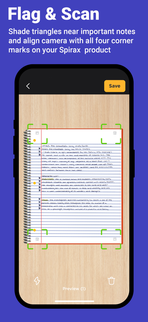 Spirax Study App - A mobile interface showing the Flag and Scan feature of the Spirax Study App to convert handwritten notes into digital flashcards