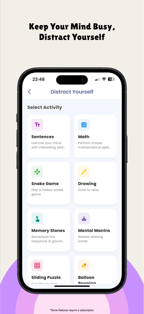 Interfaz de la aplicación Soolo que muestra varias actividades de distracción, incluidos juegos de matemáticas, el juego de la serpiente y dibujo para ayudar a controlar los ataques de pánico.