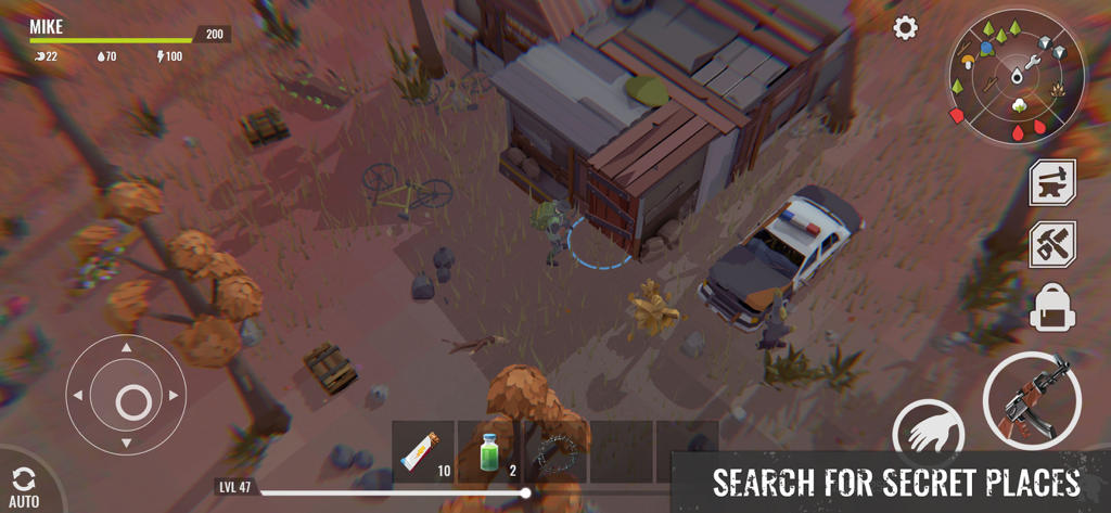 No Way To Die: Time to Survive - Top-down view of a character exploring a post-apocalyptic environment near a police car in No Way To Die