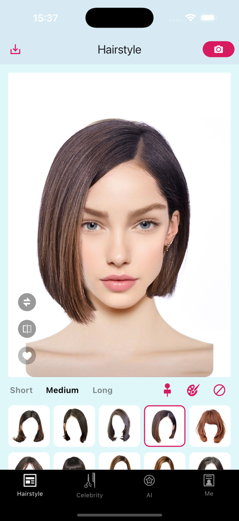 ミディアムブルネットボブヘアスタイルのお試し中のAIヘアフィルターアプリのインターフェース