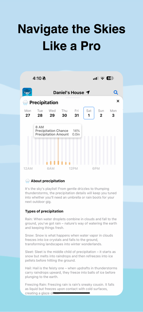 Precipitation forecast screen showing hourly rain chance chart and weather descriptions for drone flight planning