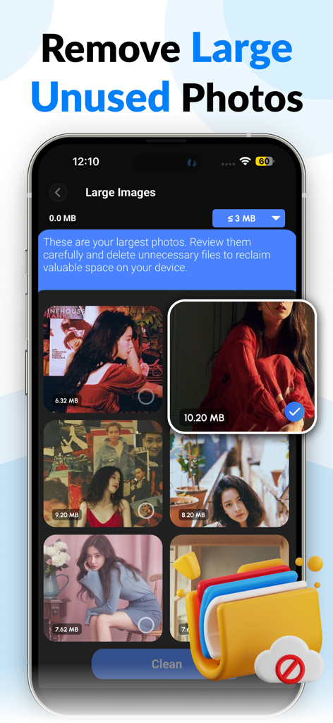 CleanerZ: Clean Phone Storage - Interfaz de la aplicación CleanerZ que muestra una lista de imágenes grandes con tamaños de archivo para eliminar para la optimización del almacenamiento