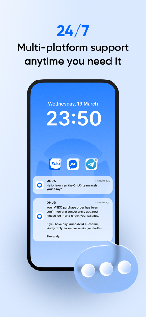 ONUS: Buy Bitcoin,ETH & Crypto - ONUS 앱이 모바일 잠금 화면에 24/7 다중 플랫폼 고객 지원 알림을 표시함