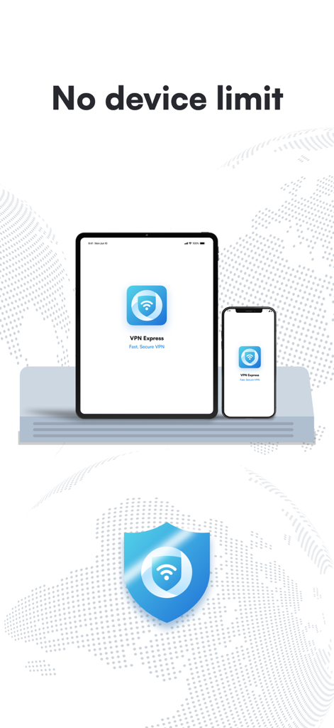VPN Express app displayed on a smartphone and tablet with a no device limit headline
