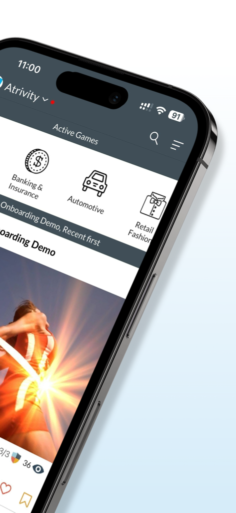 Atrivity mobile app interface showing active training games for various business sectors