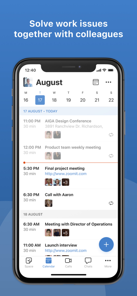 Lenza - Lenza app interface showing a detailed calendar for scheduling corporate meetings with colleagues