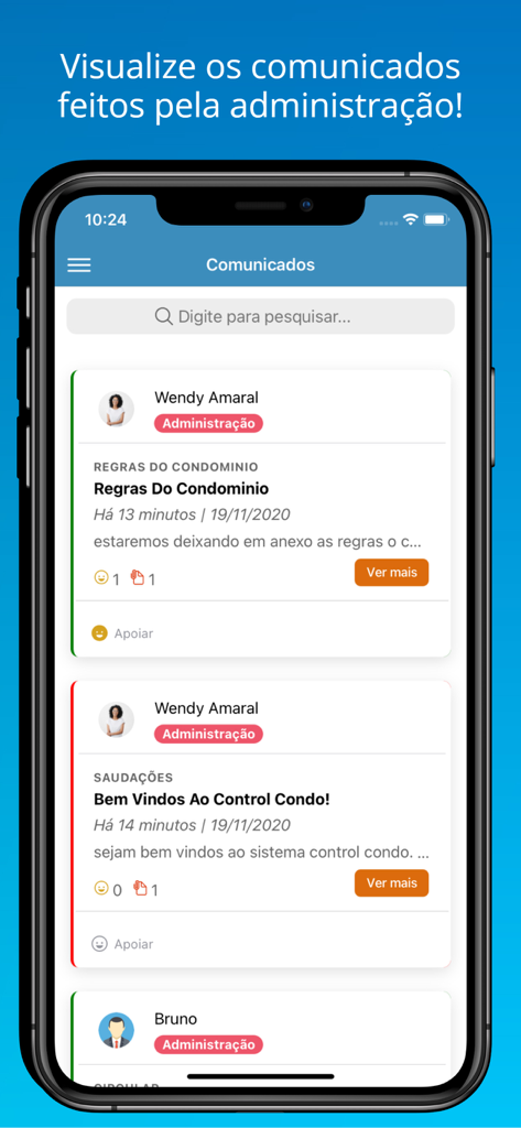 Control Condo - A smartphone showing the Control Condo app announcements screen with building management updates and community notices