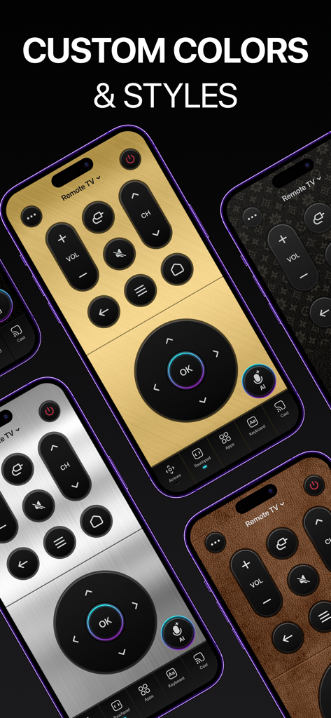Universal Remote・TV Control - Schermate multiple di iPhone che mostrano diversi colori personalizzati e temi eleganti per l'interfaccia dell'app di telecomando universale per TV.