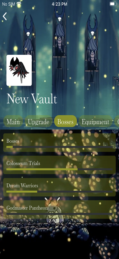 Hollow Knight Progress Guide - A mobile interface for tracking game progress on bosses and trials in Hollow Knight