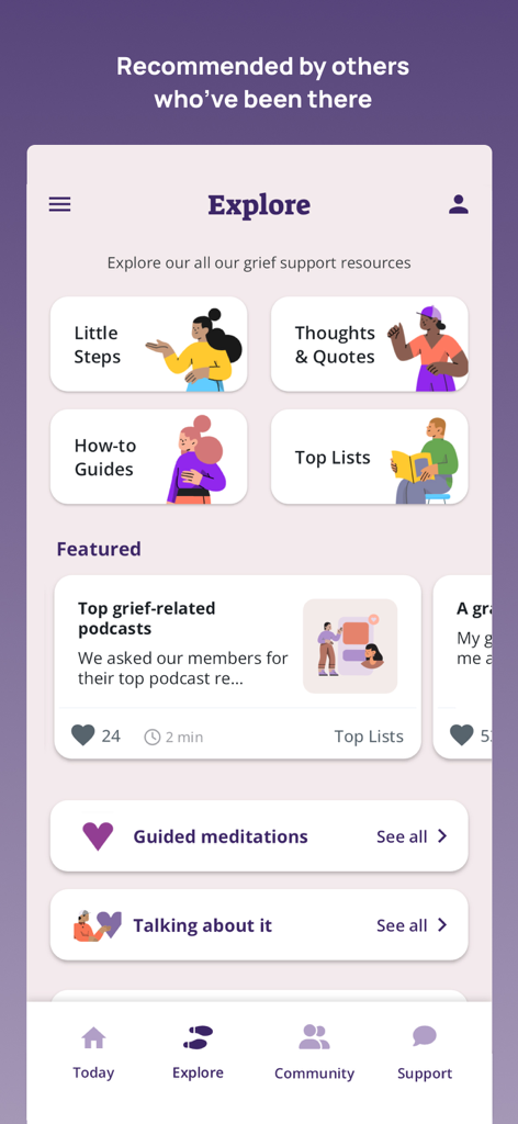 Griefity: Grief Support - Interfaz de la app Griefity mostrando categorías para recursos de apoyo al duelo que incluyen guías, citas y podcasts.