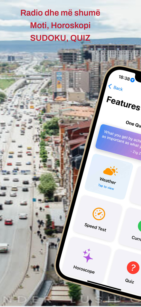 Interface of Radio Kosova app displaying weather horoscope and quiz features