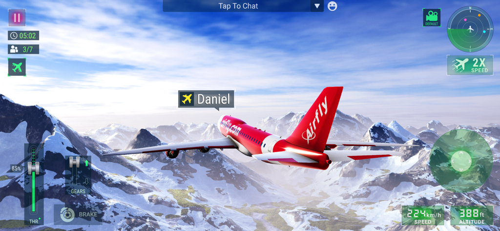 A red and white airplane flying over snowy mountains in multiplayer mode