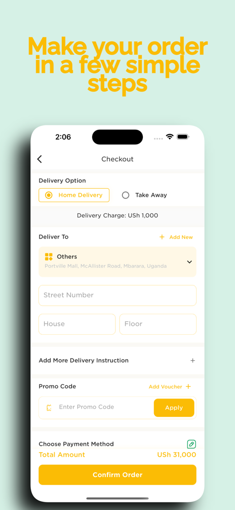 Sibo App - 배달 옵션, 주소 선택 및 프로모션 코드 입력이 포함된 Sibo 배달 앱의 결제 화면.
