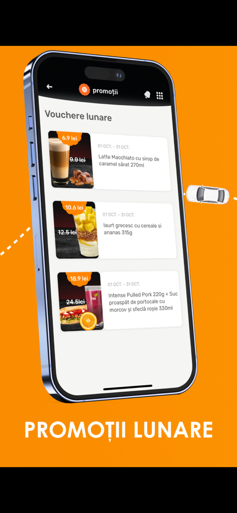 Rompetrol Go app displaying monthly vouchers for food and beverages