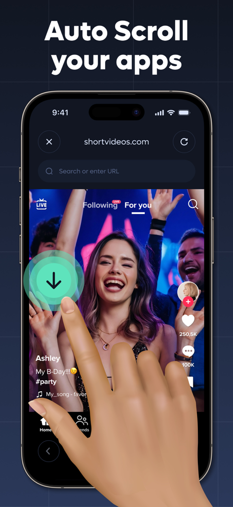 My Auto Clicker, Automatic Tap - L'application My Auto Clicker démontre la fonction de défilement automatique sur un smartphone pour la navigation vidéo mains libres